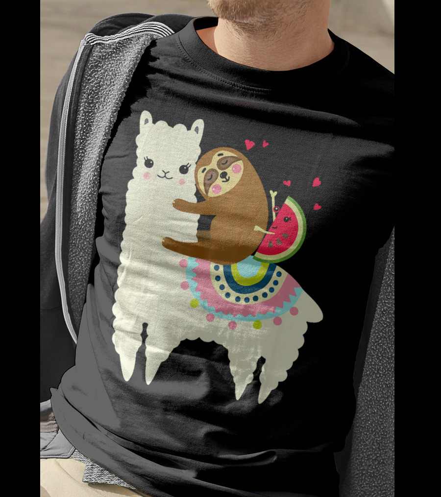 Sloth Hugging Watermelon With Hearts On Colorful Llama T-Shirt