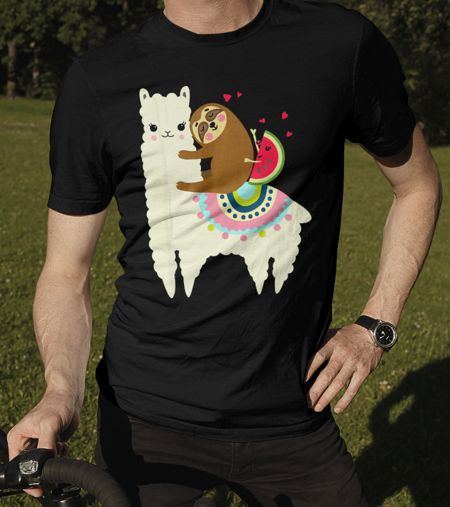 Sloth Hugging Watermelon With Hearts On Colorful Llama T-Shirt