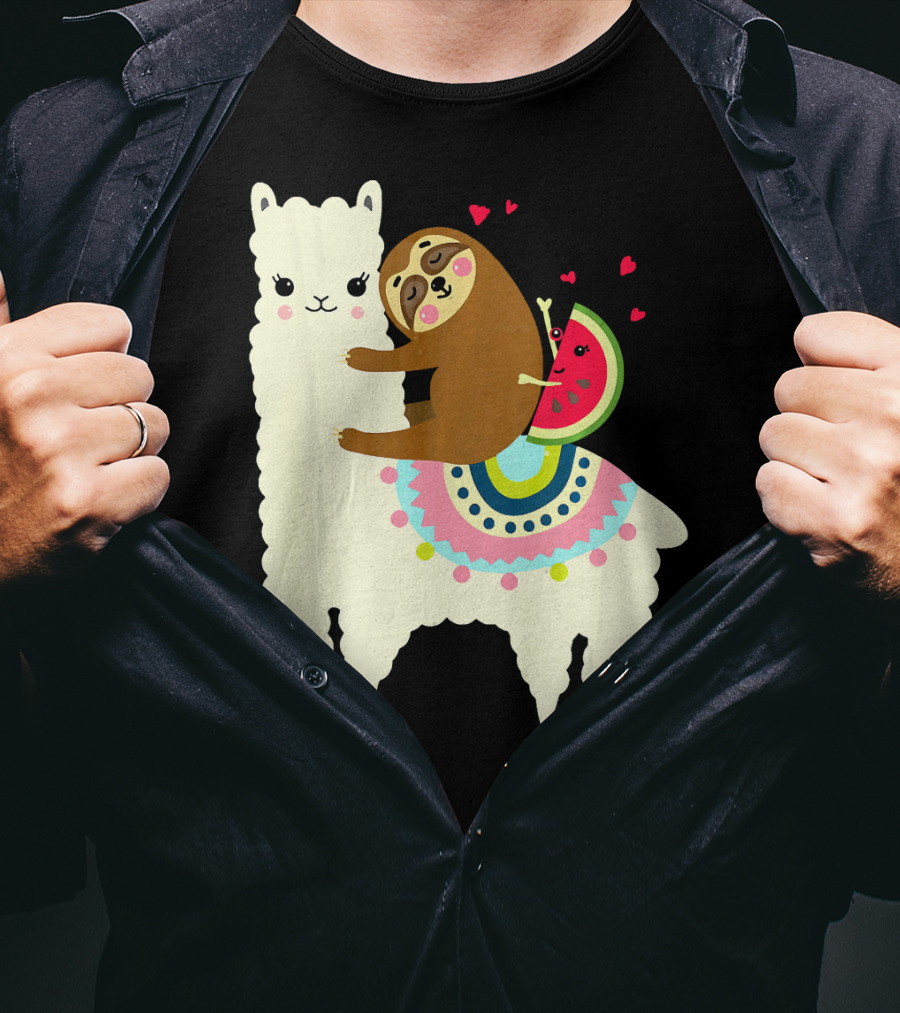 Sloth Hugging Watermelon With Hearts On Colorful Llama T-Shirt