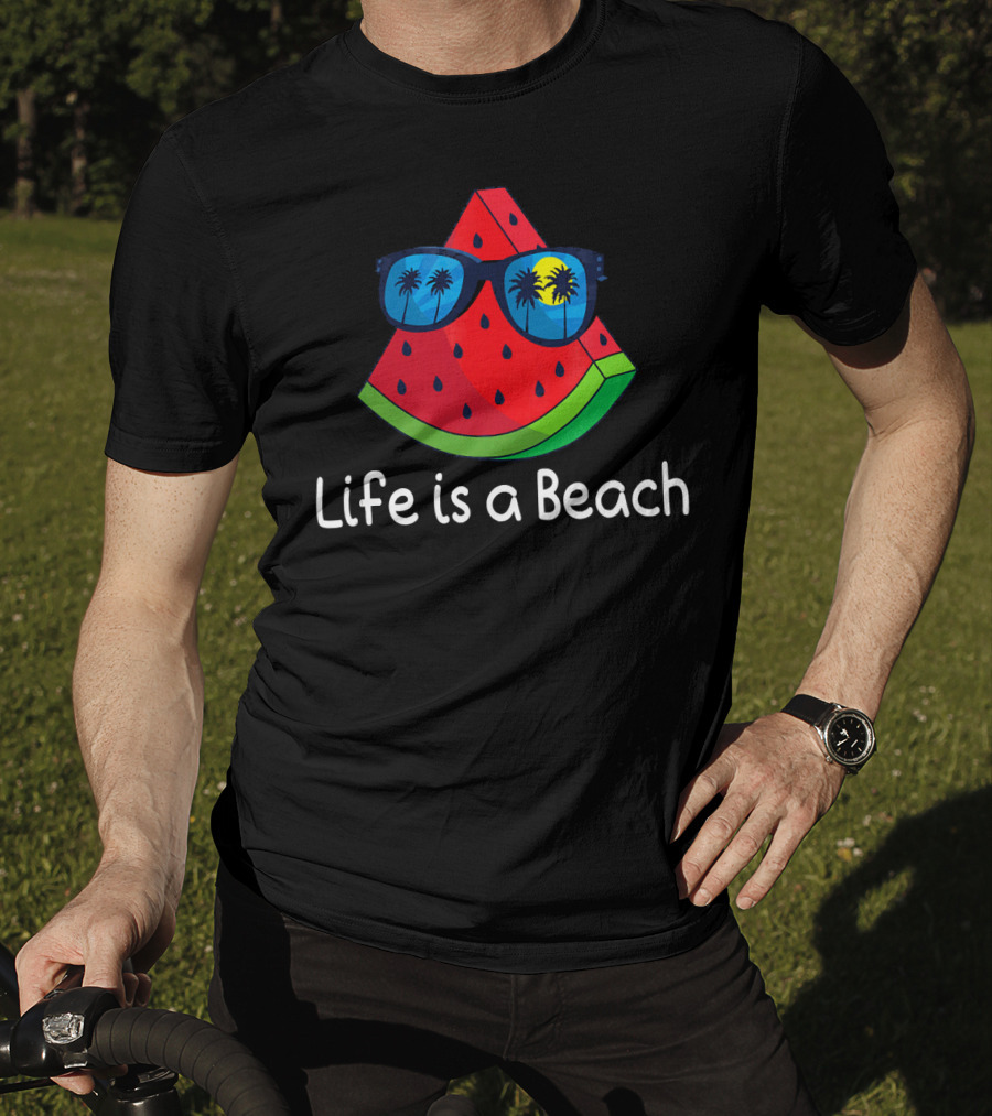 Life Is A Beach Watermelon Sunglasses With Palm Trees And Sunset T-Shirt