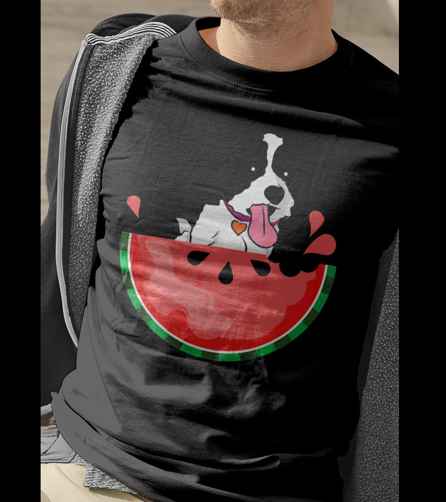 Shih Tzu Sitting In Watermelon Slice With Heart Collar Summer Fun T-Shirt
