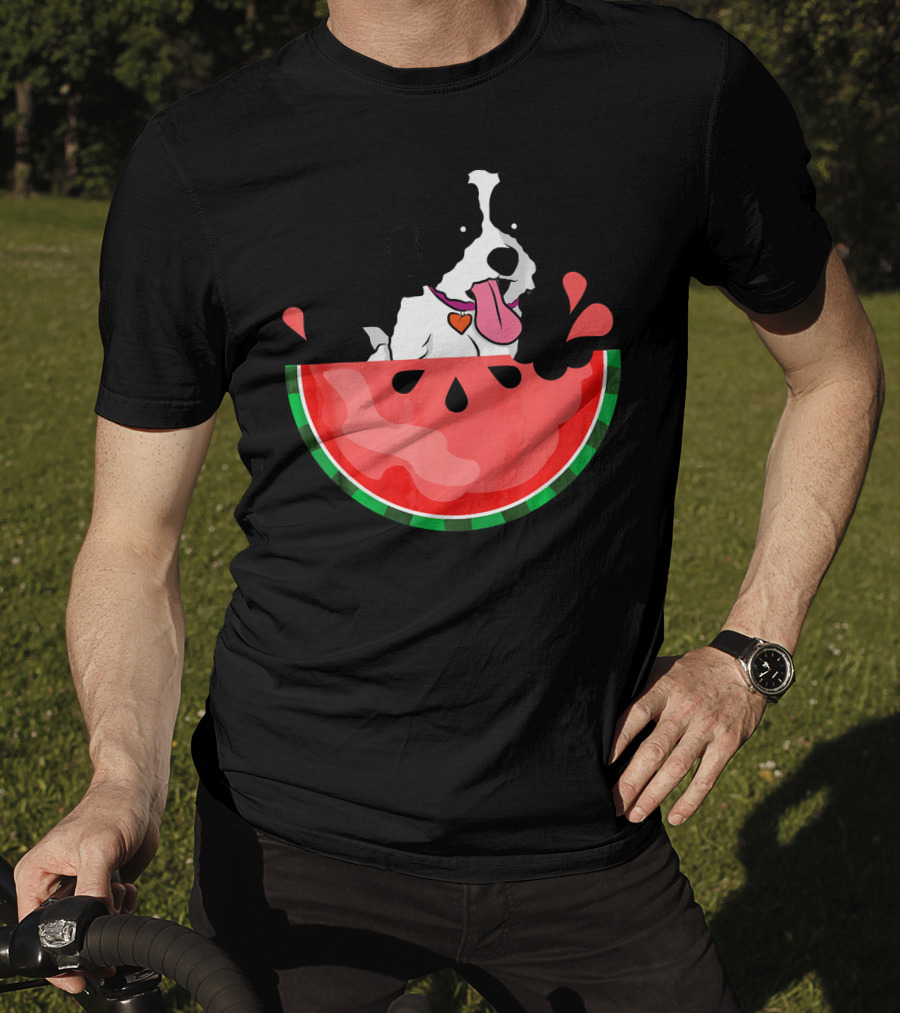 Shih Tzu Sitting In Watermelon Slice With Heart Collar Summer Fun T-Shirt