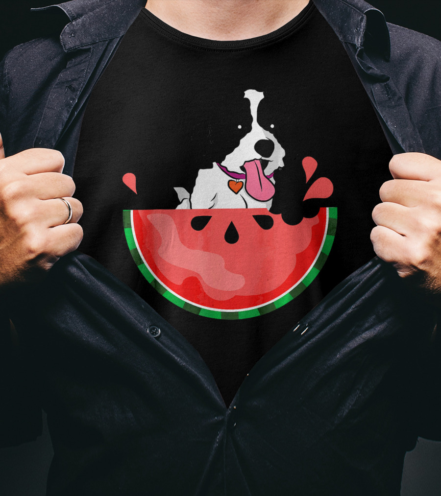 Shih Tzu Sitting In Watermelon Slice With Heart Collar Summer Fun T-Shirt