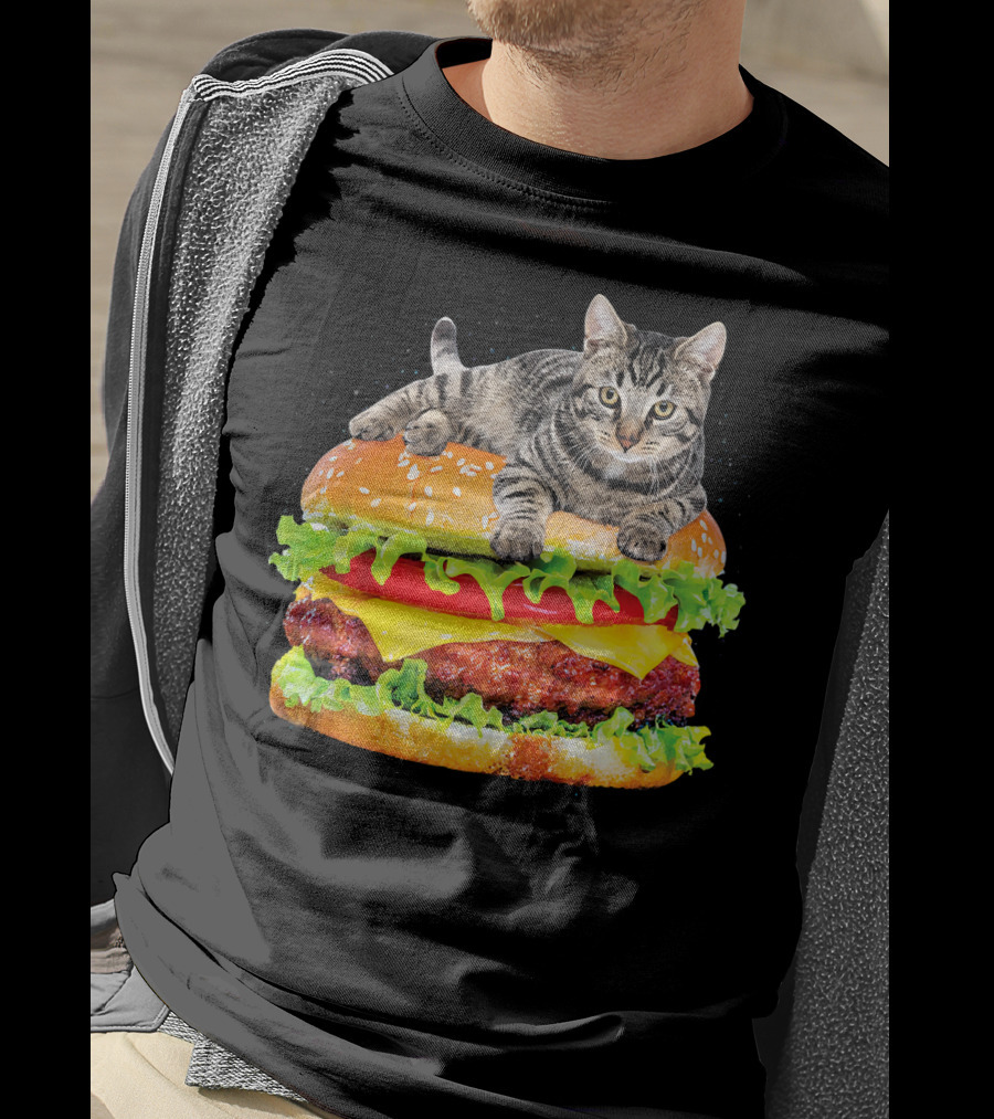 Funny Space Cat On Giant Hamburger T-Shirt