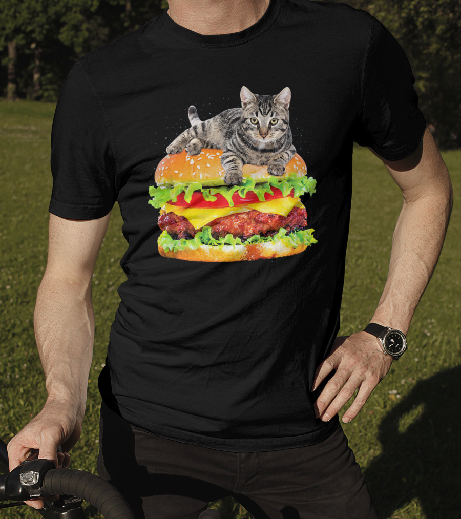 Funny Space Cat On Giant Hamburger T-Shirt