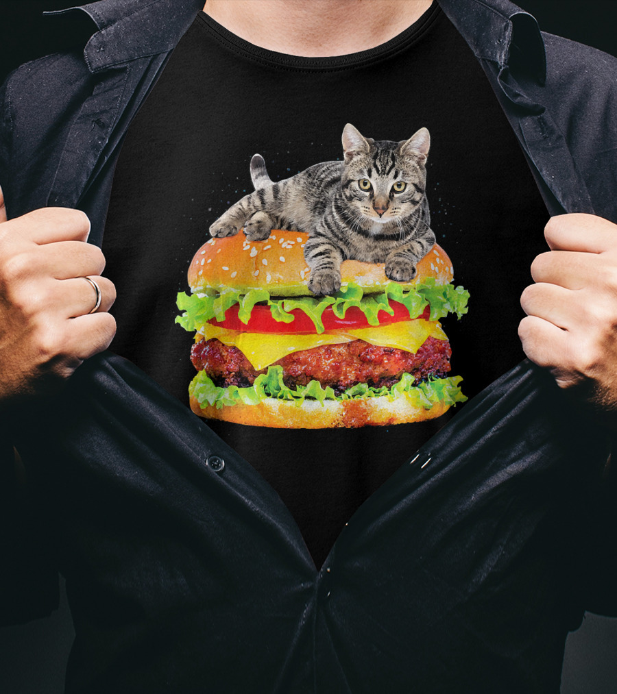 Funny Space Cat On Giant Hamburger T-Shirt