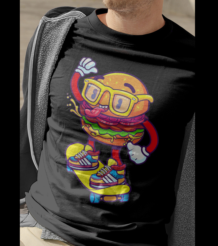 Skateboarding Cheeseburger Cartoon With Glasses And Sneakers T-Shirt