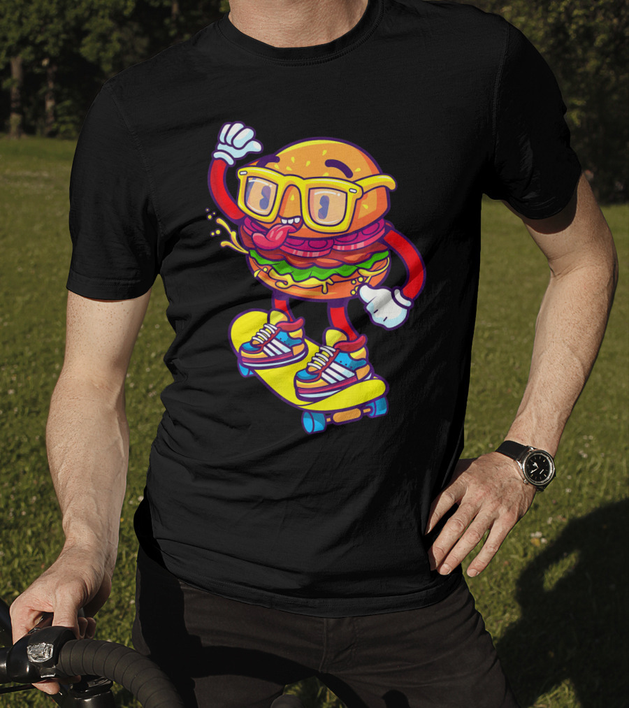 Skateboarding Cheeseburger Cartoon With Glasses And Sneakers T-Shirt