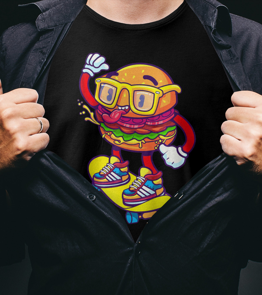 Skateboarding Cheeseburger Cartoon With Glasses And Sneakers T-Shirt