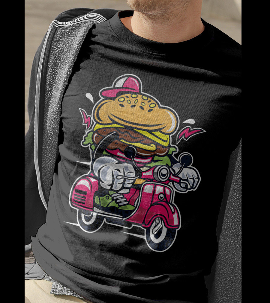 Vintage Scooter Burger Cartoon Rider T-Shirt