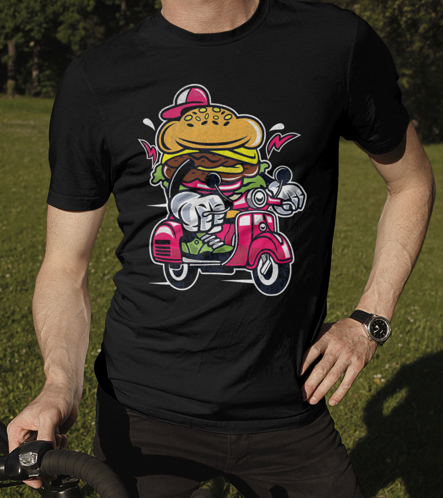 Vintage Scooter Burger Cartoon Rider T-Shirt