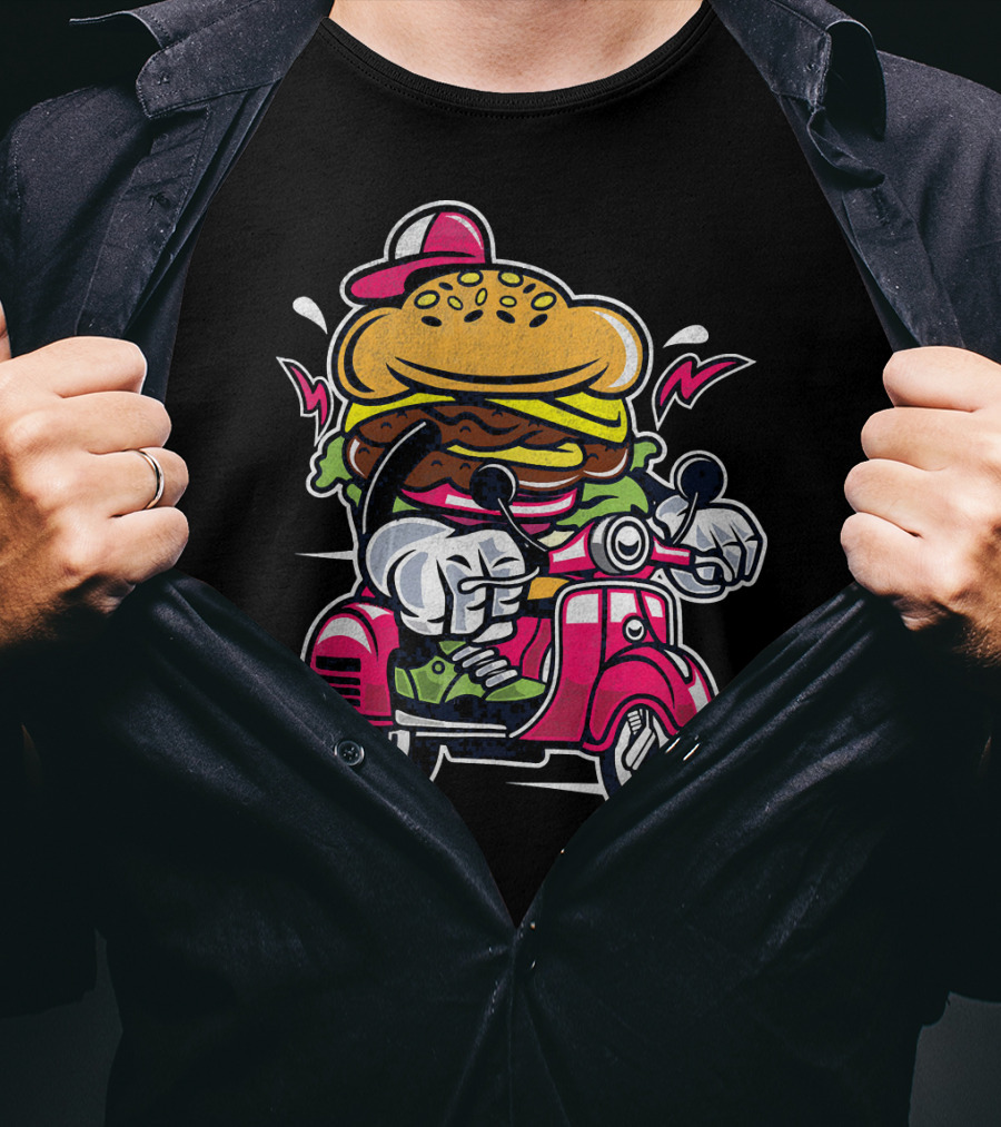 Vintage Scooter Burger Cartoon Rider T-Shirt