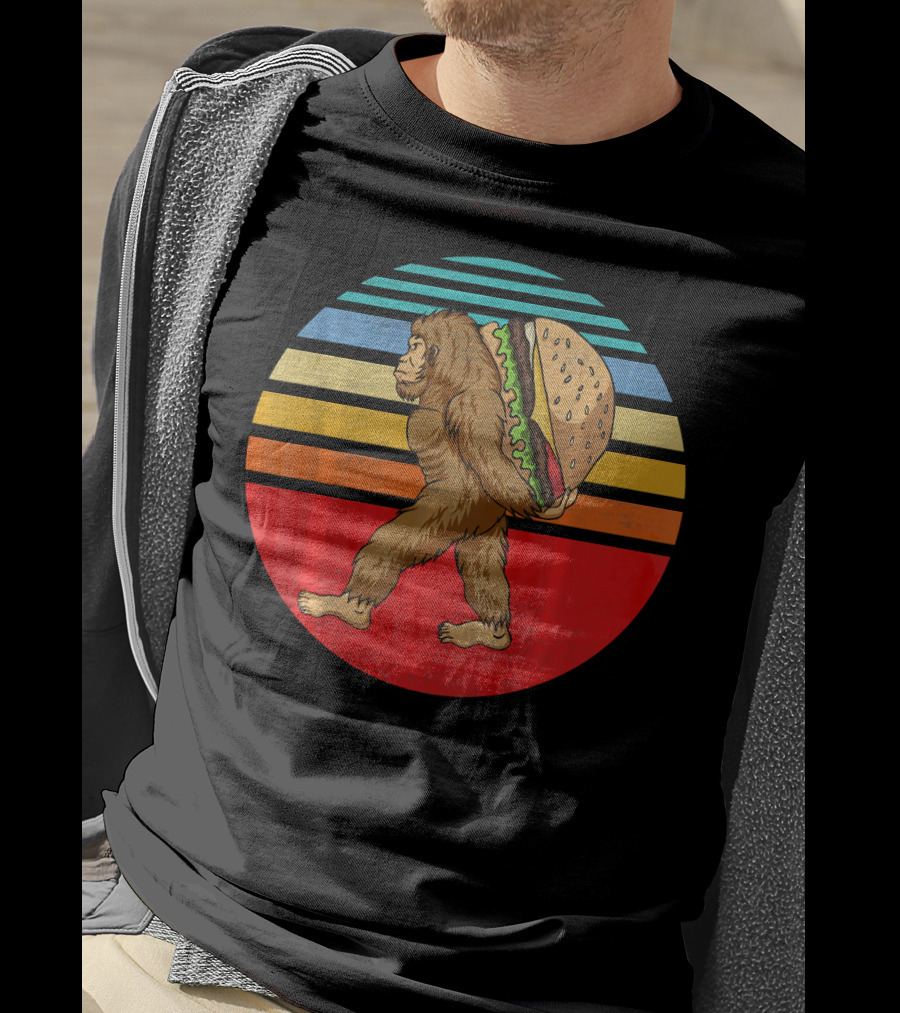 Vintage Bigfoot Carrying Hamburger Retro Stripes T-Shirt