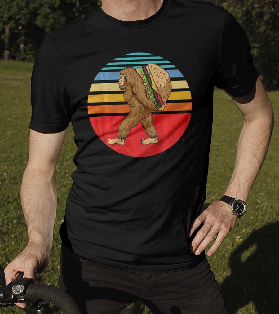 Vintage Bigfoot Carrying Hamburger Retro Stripes T-Shirt