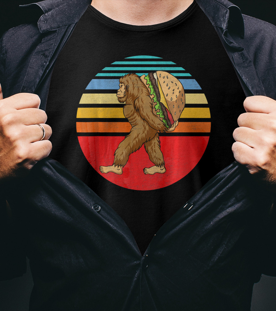 Vintage Bigfoot Carrying Hamburger Retro Stripes T-Shirt