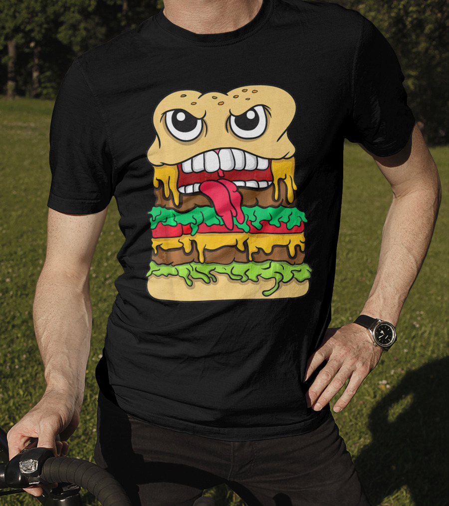 Burger Hamburger Cheeseburger Face With Tongue Out Lettuce And Cheese Layers T-Shirt