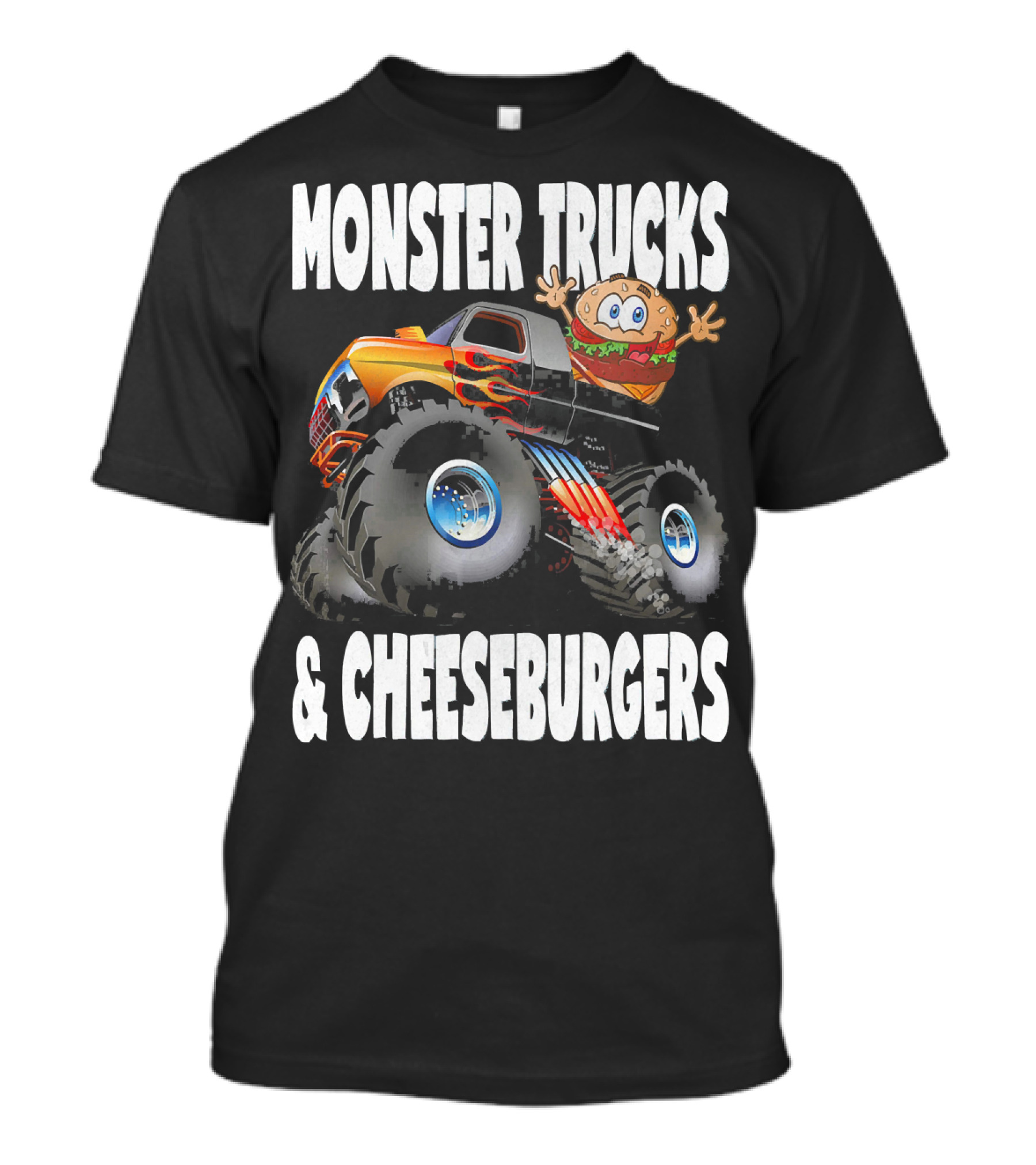 Monster Trucks And Cheeseburgers With Cartoon Cheeseburger Driver T-Shirt
