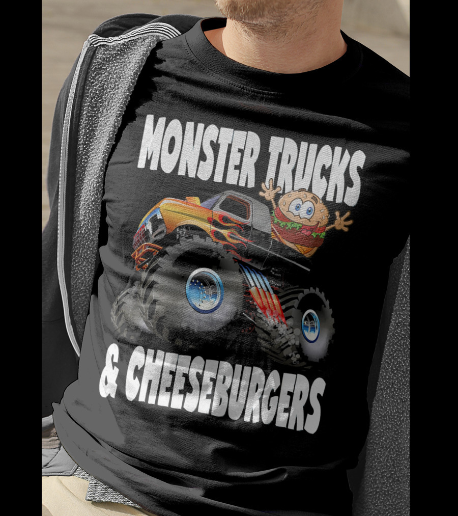 Monster Trucks And Cheeseburgers With Cartoon Cheeseburger Driver T-Shirt