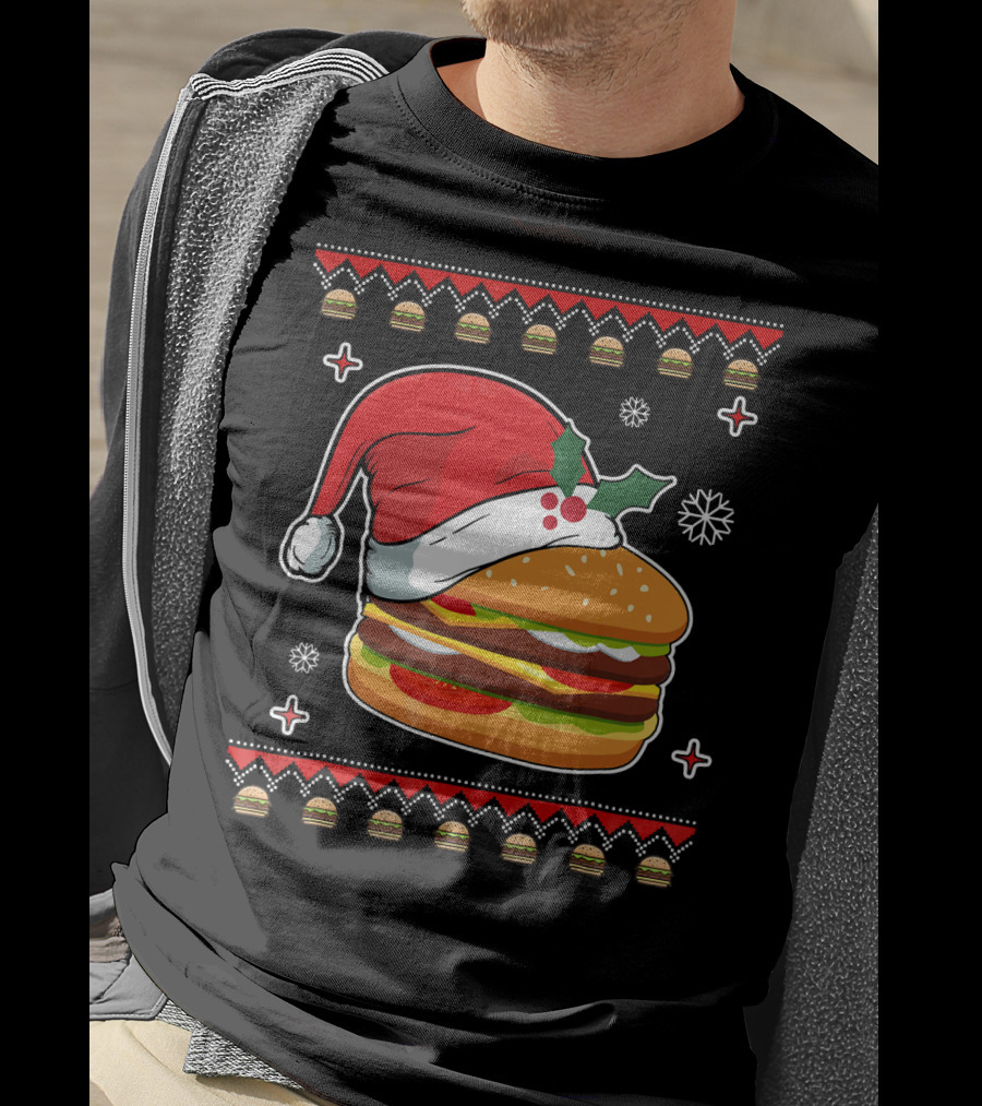 Santa Hat Hamburger Christmas Ugly T-Shirt