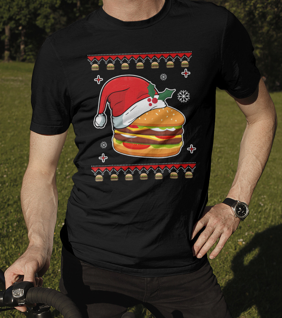 Santa Hat Hamburger Christmas Ugly T-Shirt