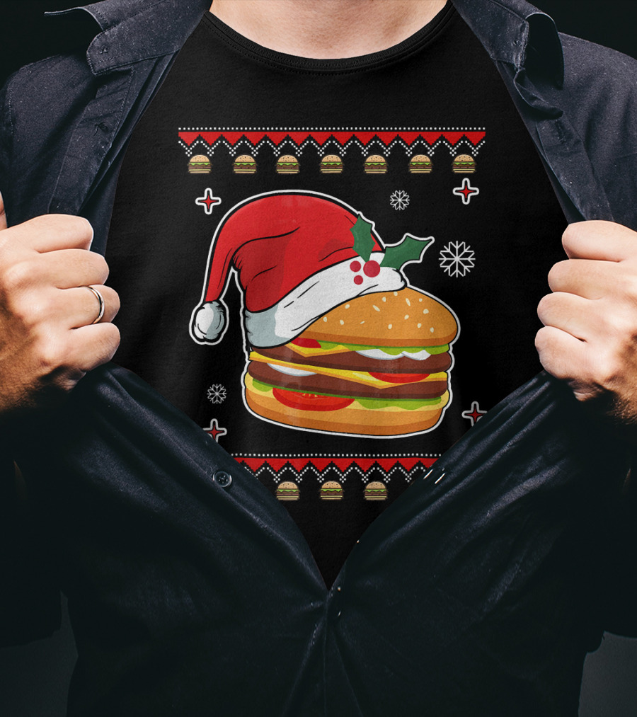 Santa Hat Hamburger Christmas Ugly T-Shirt