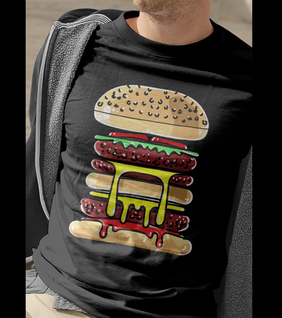 Hamburger Cheeseburger Layered Dripping Fast Food Comic T-Shirt