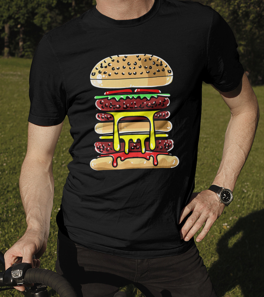 Hamburger Cheeseburger Layered Dripping Fast Food Comic T-Shirt