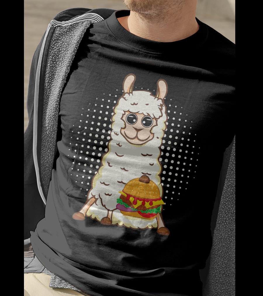 Llama Surprise Funny Sitting With Giant Burger T-Shirt