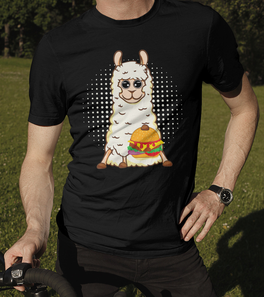 Llama Surprise Funny Sitting With Giant Burger T-Shirt