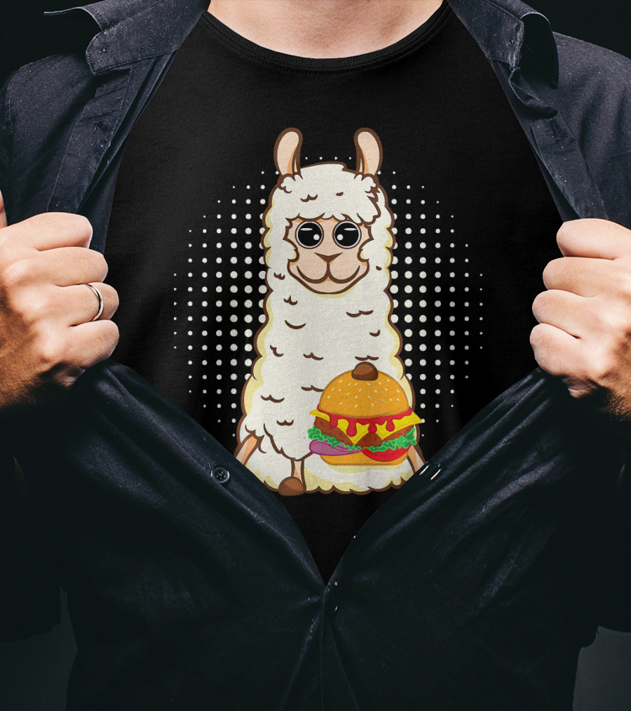 Llama Surprise Funny Sitting With Giant Burger T-Shirt