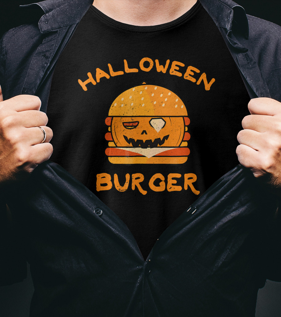 Halloween Pumpkin Burger Jack-O'-Lantern Face T-Shirt