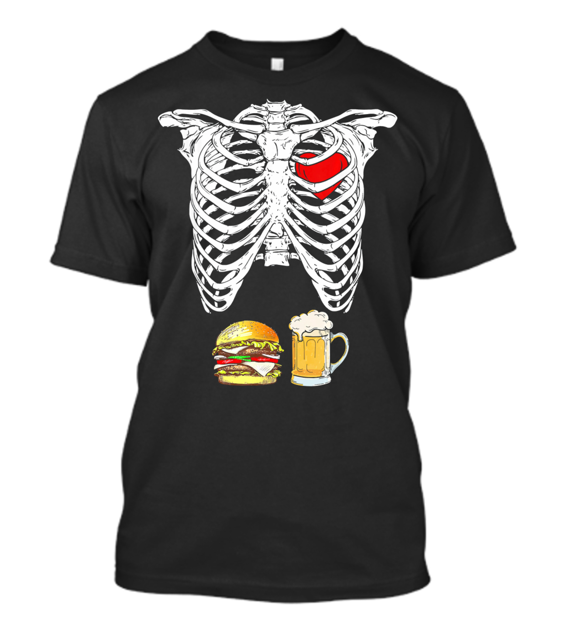 Ribcage Xray Skeleton With Heart Burger And Beer T-Shirt