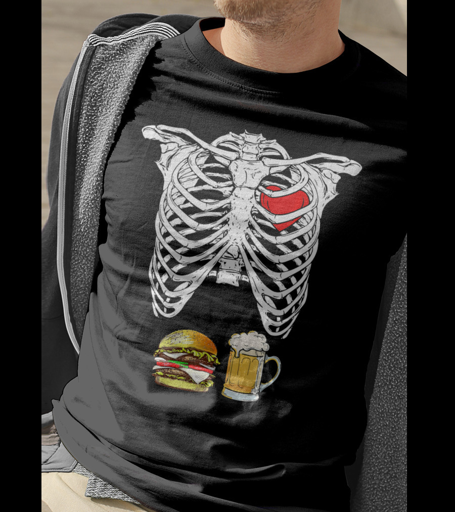 Ribcage Xray Skeleton With Heart Burger And Beer T-Shirt