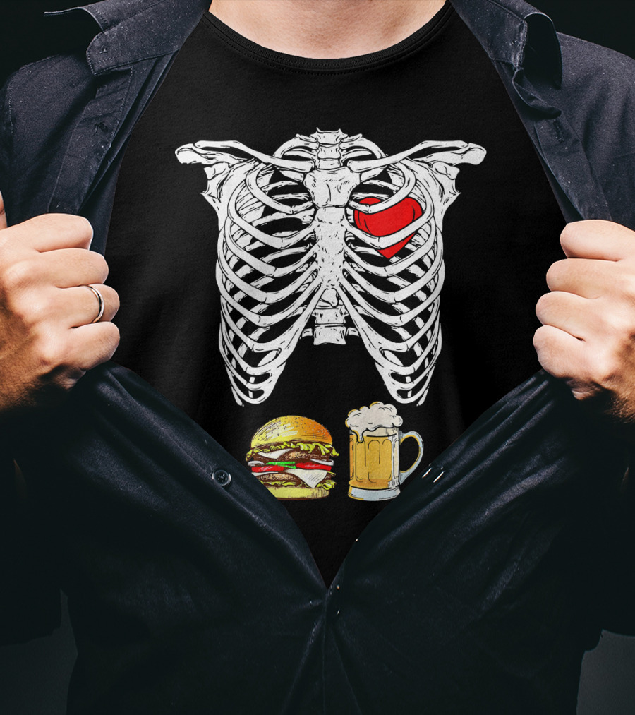 Ribcage Xray Skeleton With Heart Burger And Beer T-Shirt