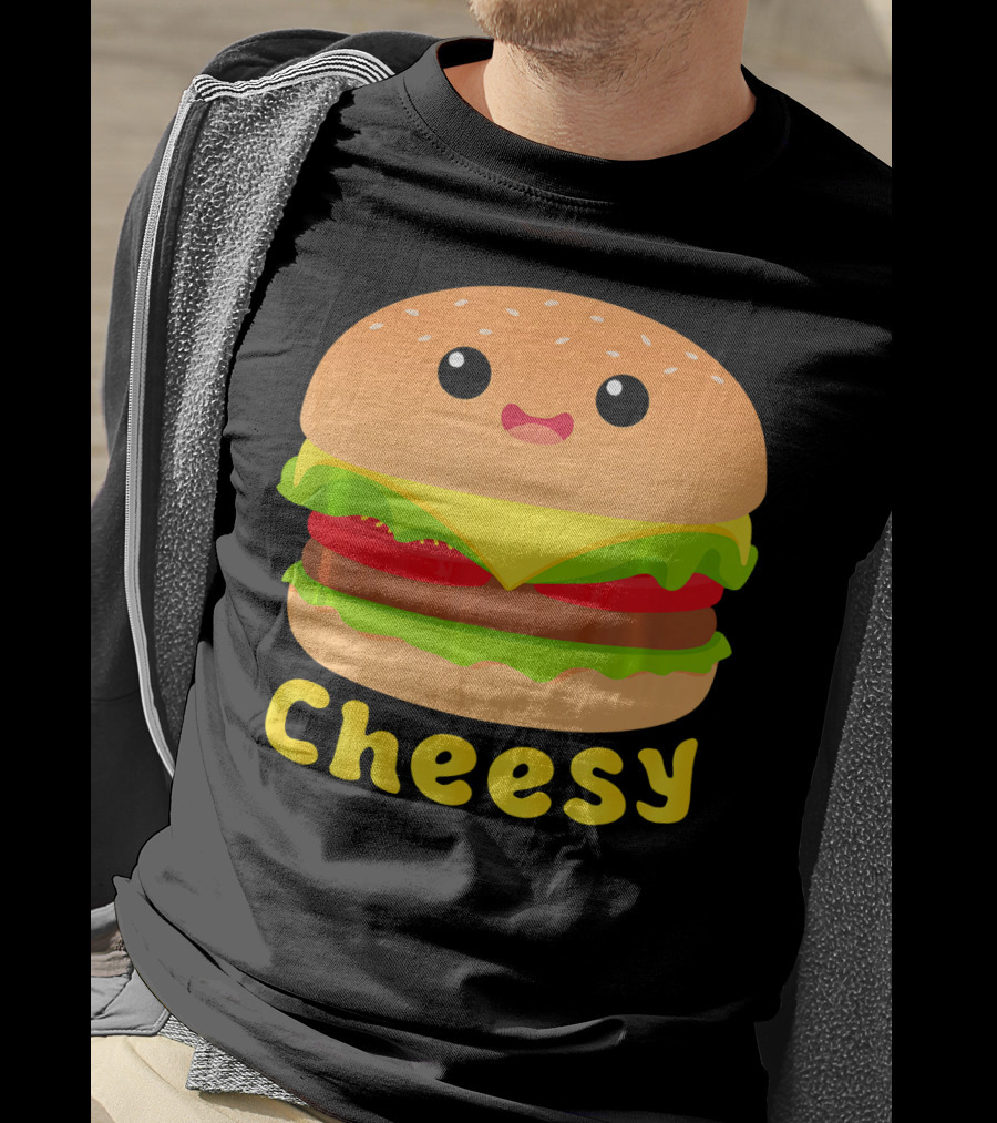 Cheesy Cute Funny Cheese Burger Food Pun Adorable Smiling Burger T-Shirt