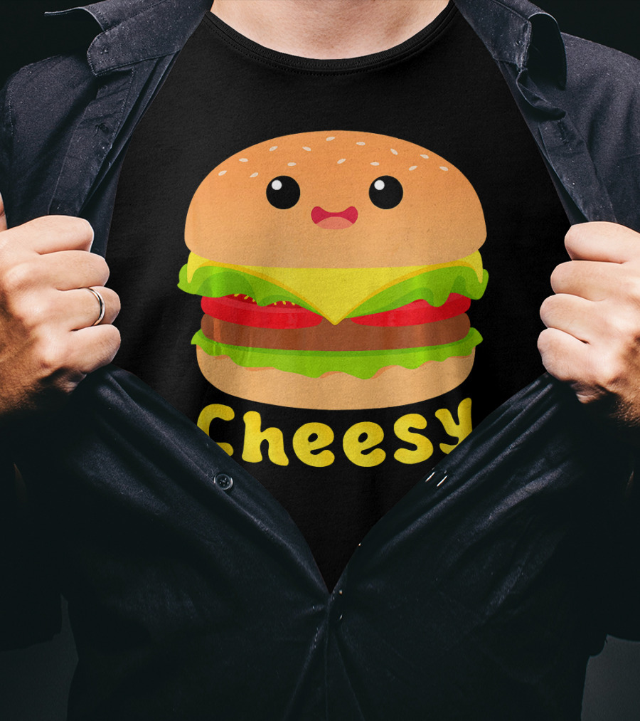 Cheesy Cute Funny Cheese Burger Food Pun Adorable Smiling Burger T-Shirt