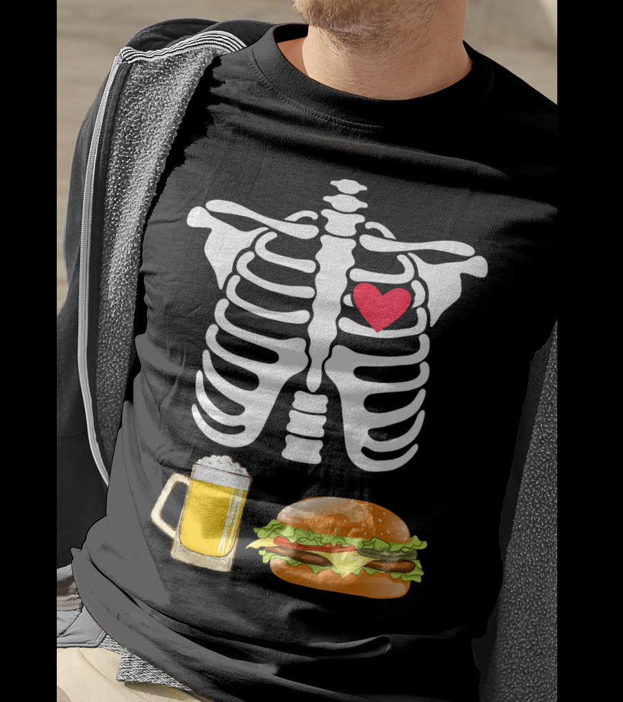 Beer And Burger Heart Ribcage Skeleton T-Shirt