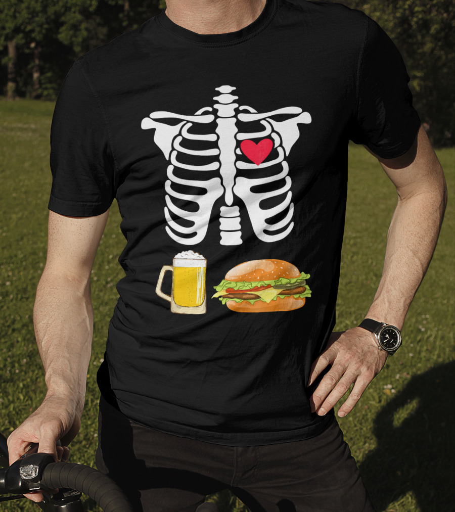 Beer And Burger Heart Ribcage Skeleton T-Shirt