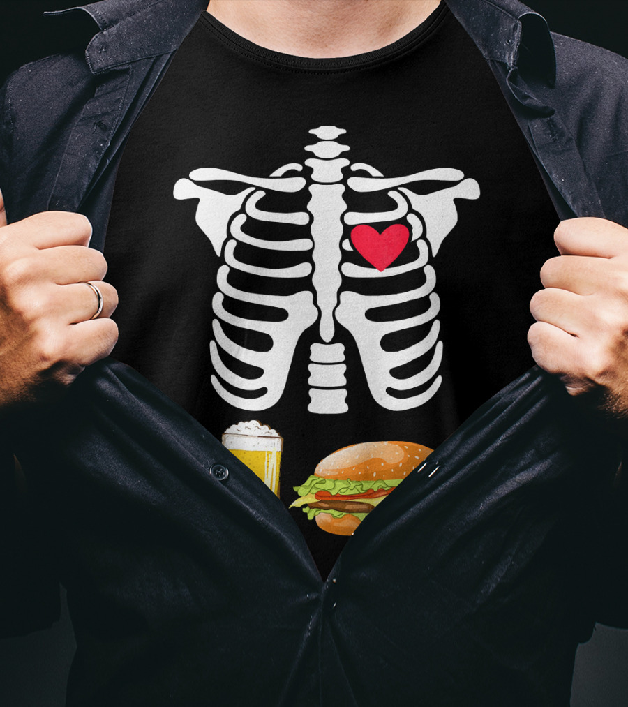 Beer And Burger Heart Ribcage Skeleton T-Shirt