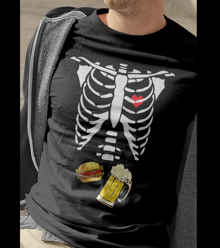 Beer Hamburger Skeleton Ribcage Heart T-Shirt