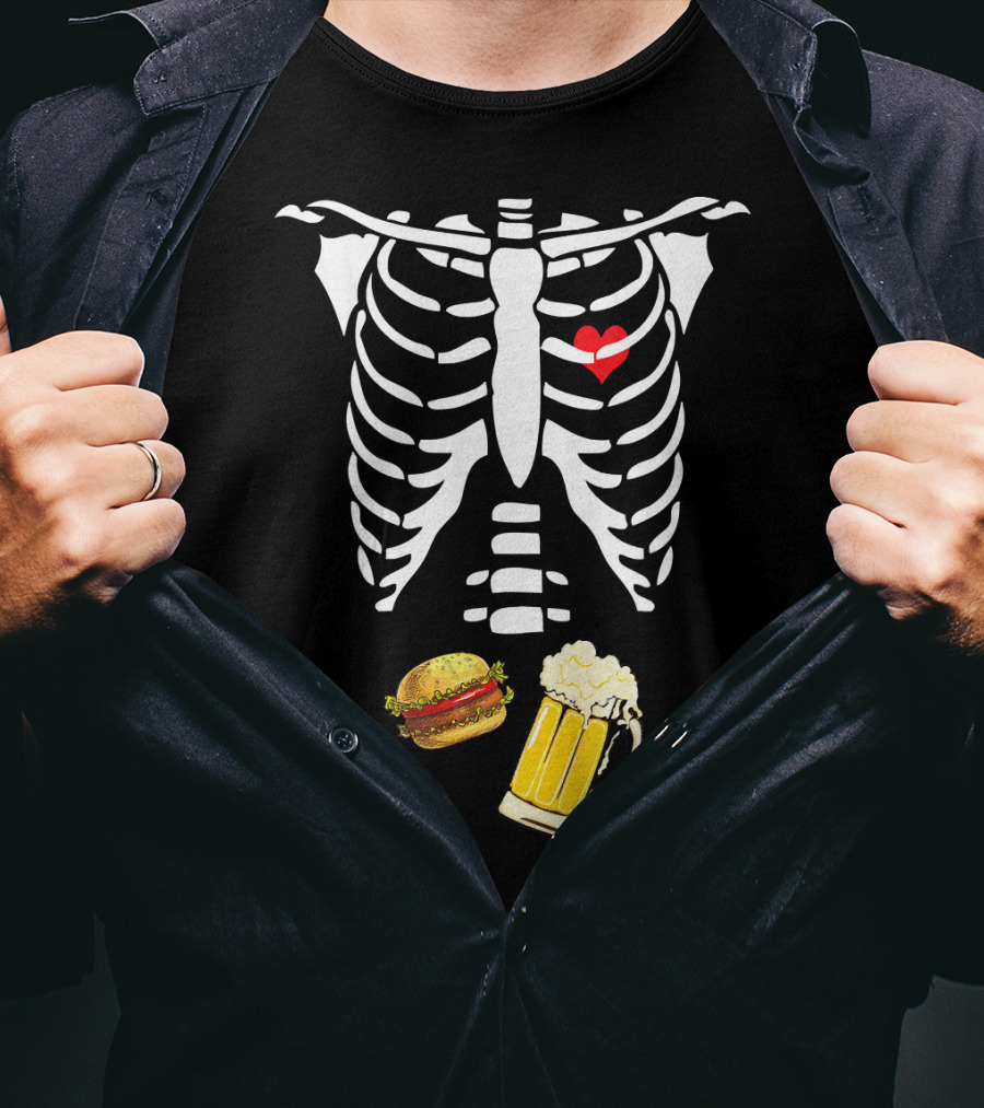 Beer Hamburger Skeleton Ribcage Heart T-Shirt