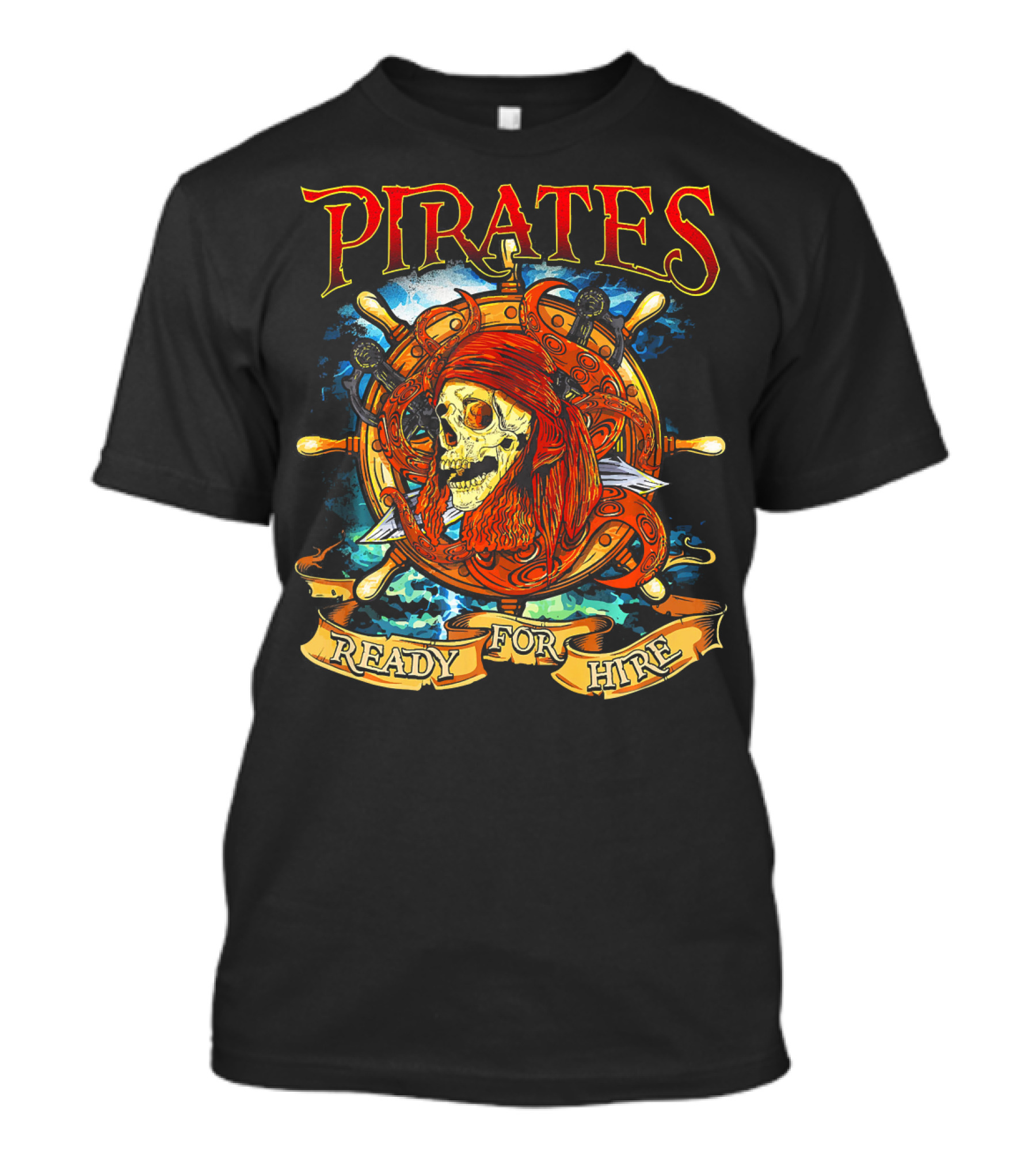 Pirates Ready For Hire Skull With Red Bandana Steering Wheel T-Shirt