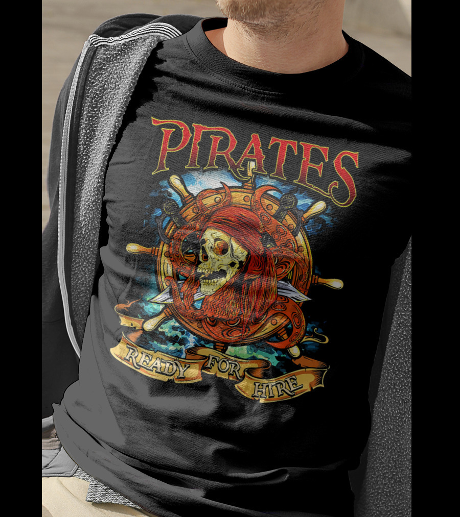 Pirates Ready For Hire Skull With Red Bandana Steering Wheel T-Shirt