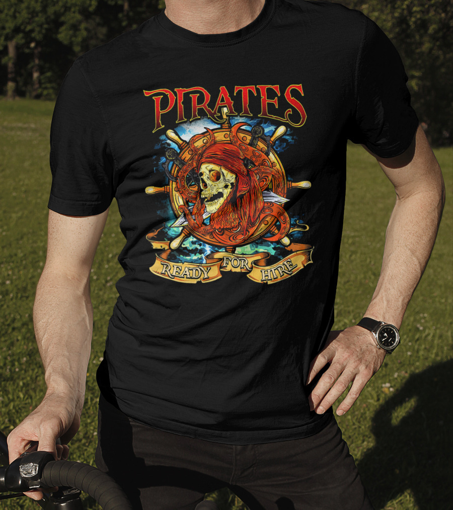 Pirates Ready For Hire Skull With Red Bandana Steering Wheel T-Shirt