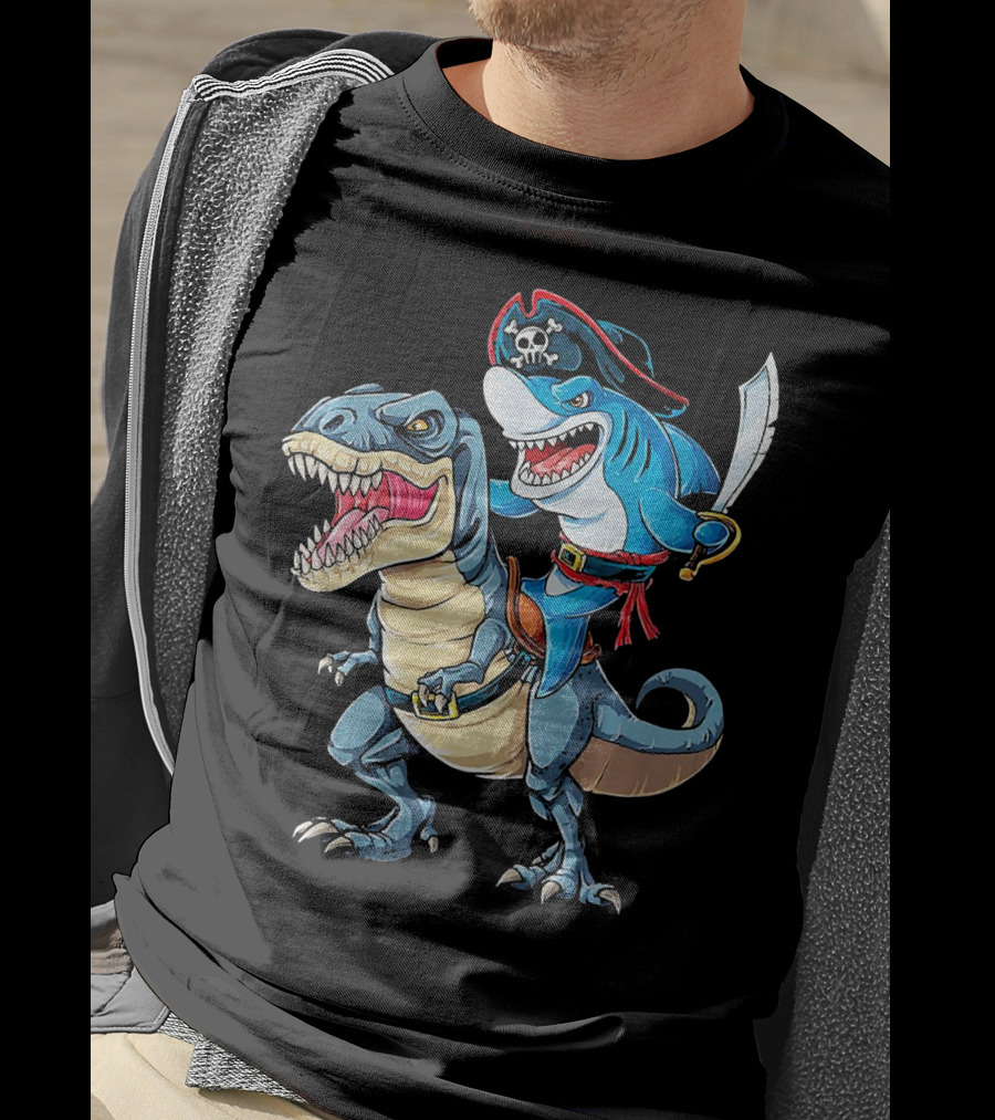 Pirate Shark Wielding Sword Riding Rex Dinosaur T-Shirt