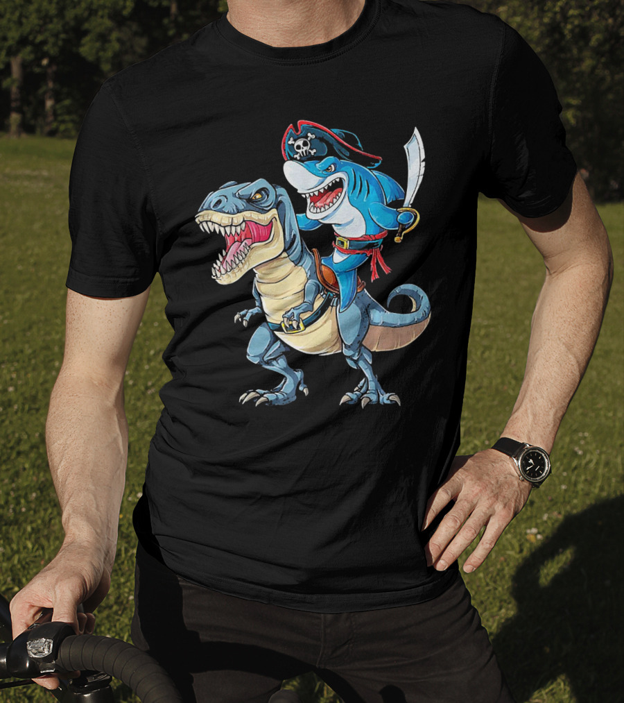 Pirate Shark Wielding Sword Riding Rex Dinosaur T-Shirt
