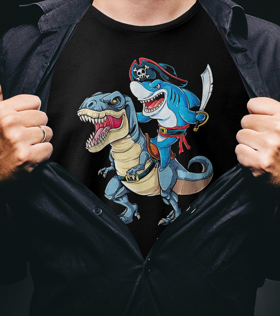 Pirate Shark Wielding Sword Riding Rex Dinosaur T-Shirt