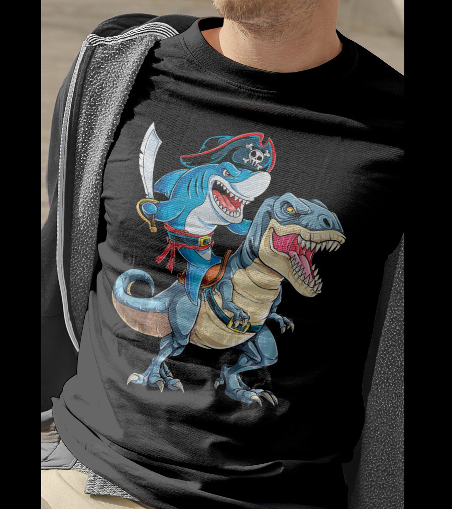 Pirate Shark Riding A Dinosaur T-Rex Jaws T-Shirt