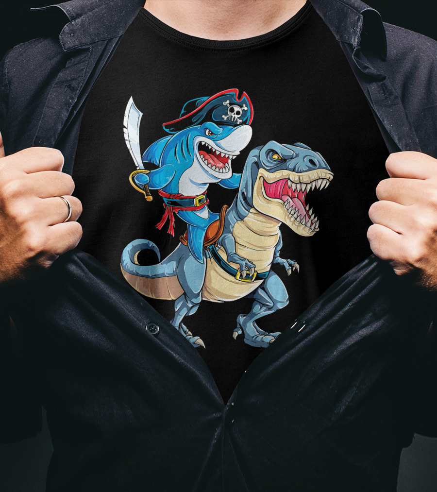 Pirate Shark Riding A Dinosaur T-Rex Jaws T-Shirt