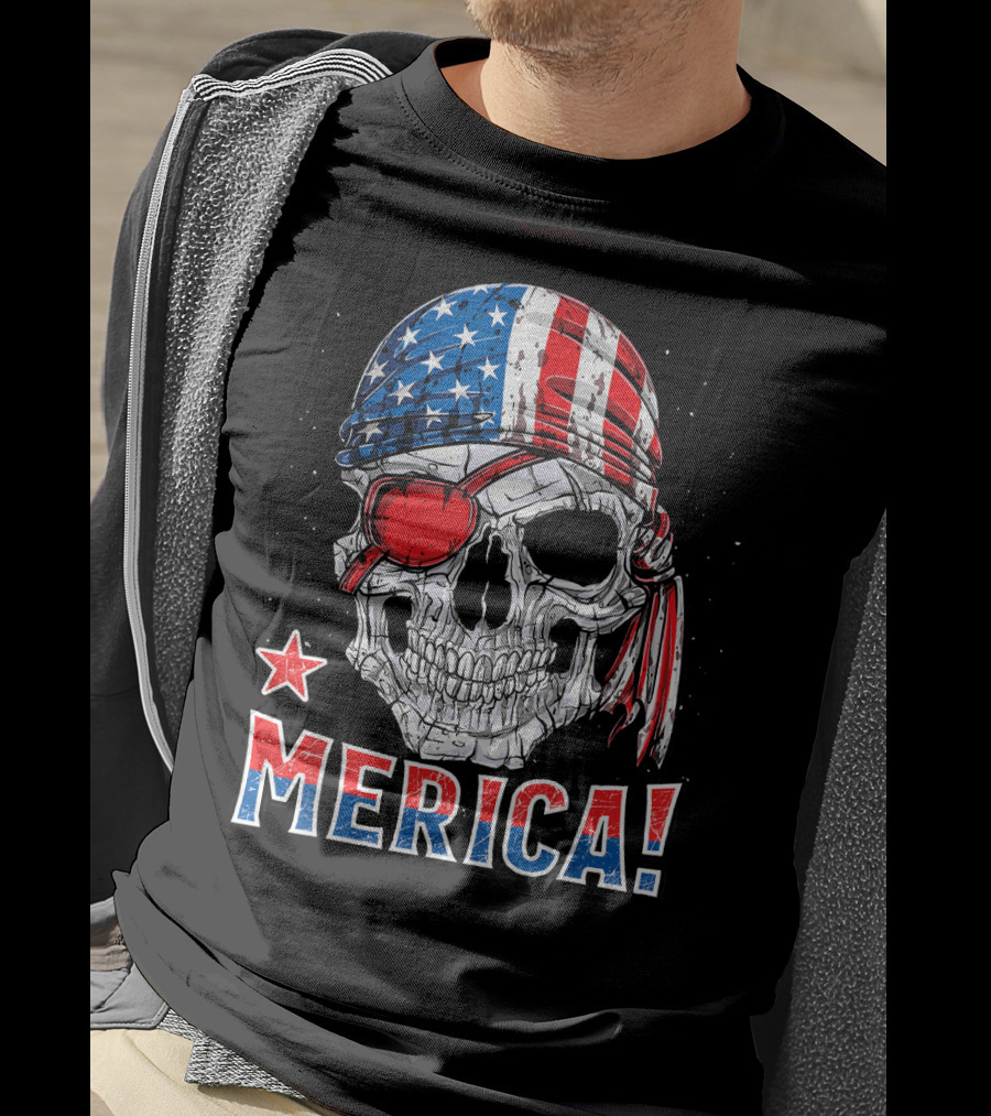 Merica Pirate Skull With American Flag Bandana And Red Eyepatch T-Shirt